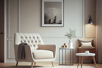 Interior of living room with coffee table and white beige fabric